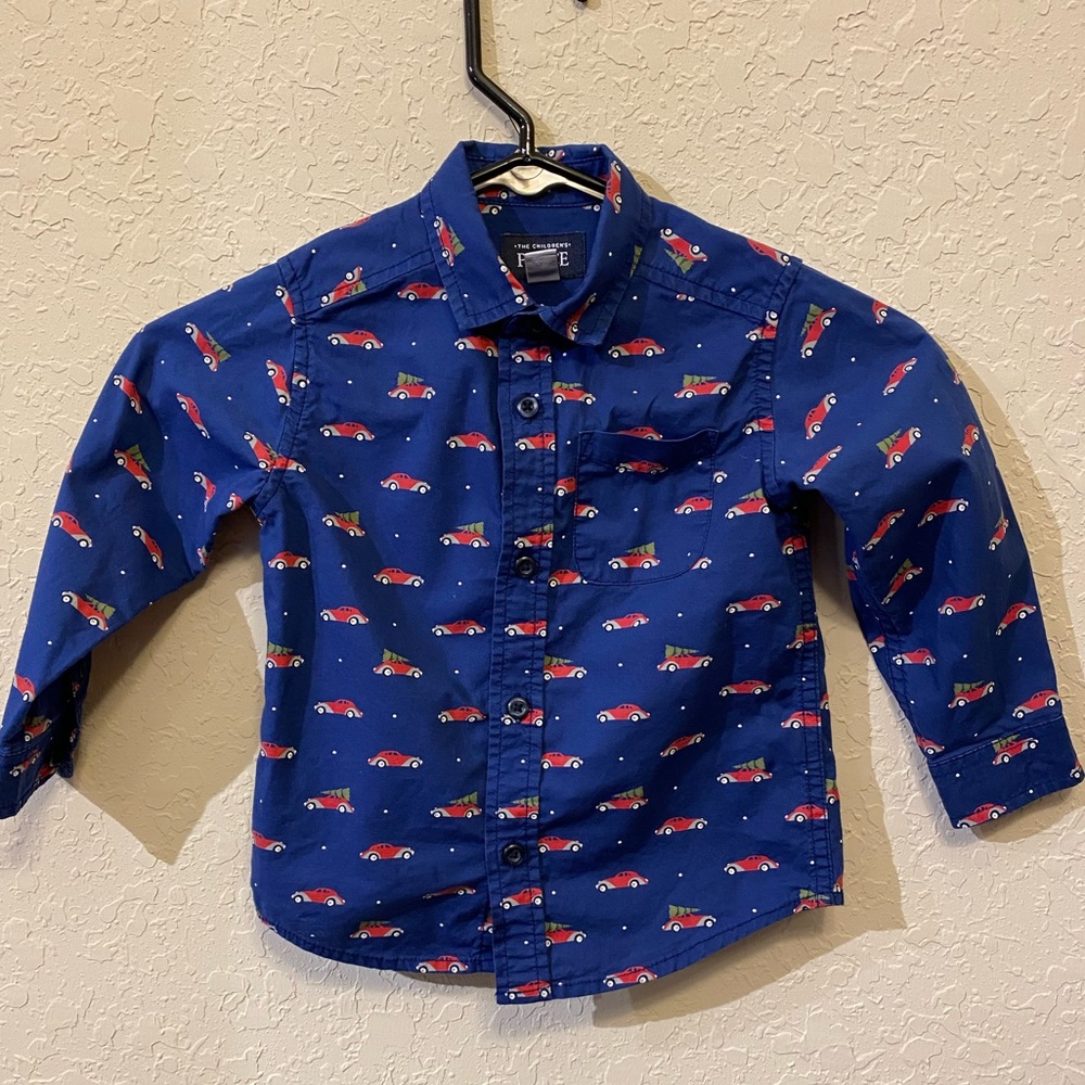The Children’s Place Christmas Tree Red Car Button Down Size 2T